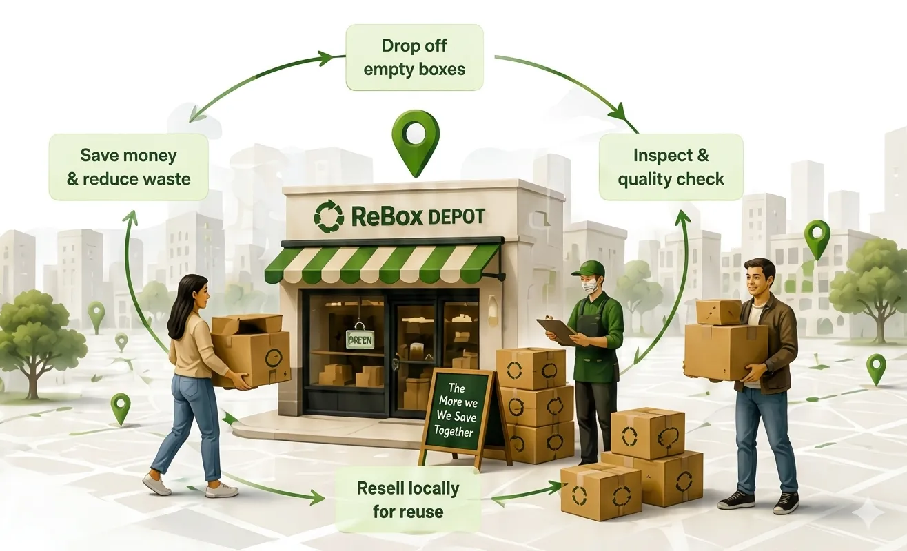 Illustration of a ReBox Depot where people drop off, inspect, and resell shipping boxes