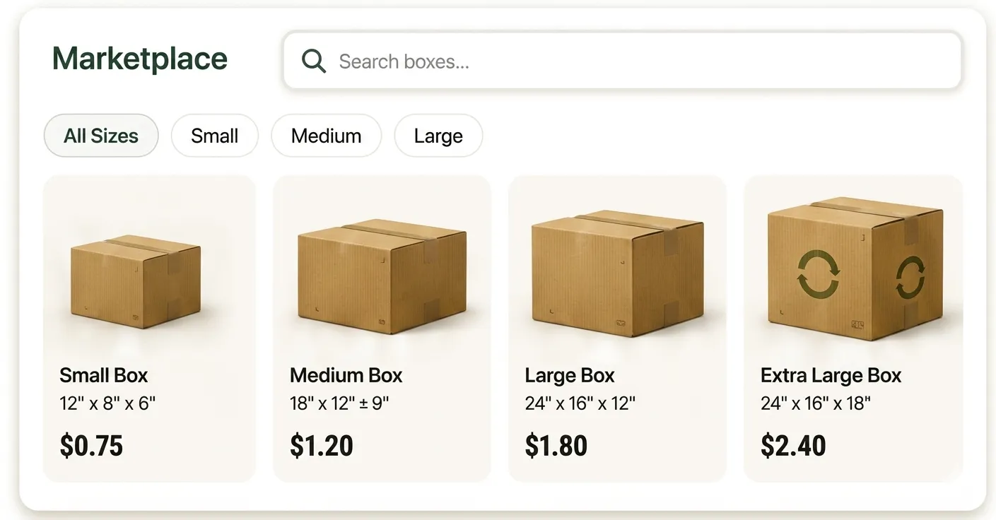 ReBox Marketplace showing boxes in small, medium, large, and extra large sizes with prices